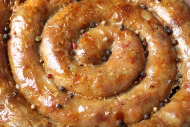 Tasty homemade sausages as background, closeup view