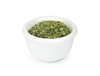 Image of Dry parsley in ceramic bowl on white background