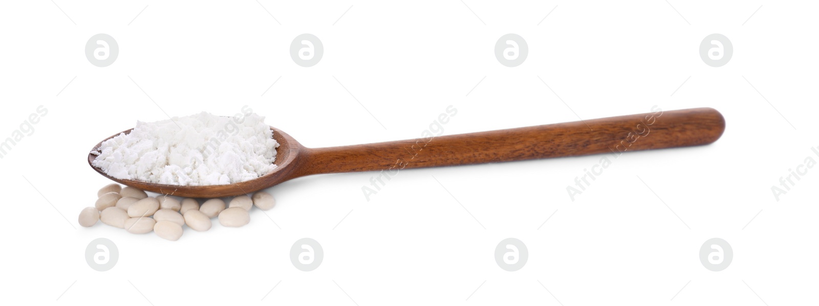 Photo of Wooden spoon with flour and kidney beans isolated on white