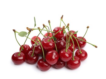 Photo of Pile of fresh ripe cherries on white background