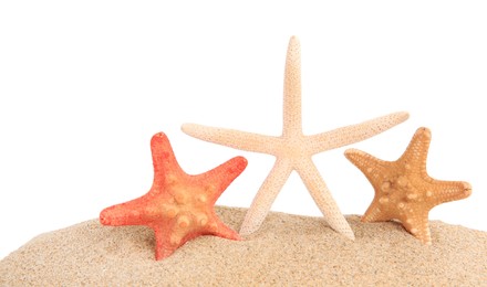 Photo of Beautiful sea stars (starfish) in sand isolated on white