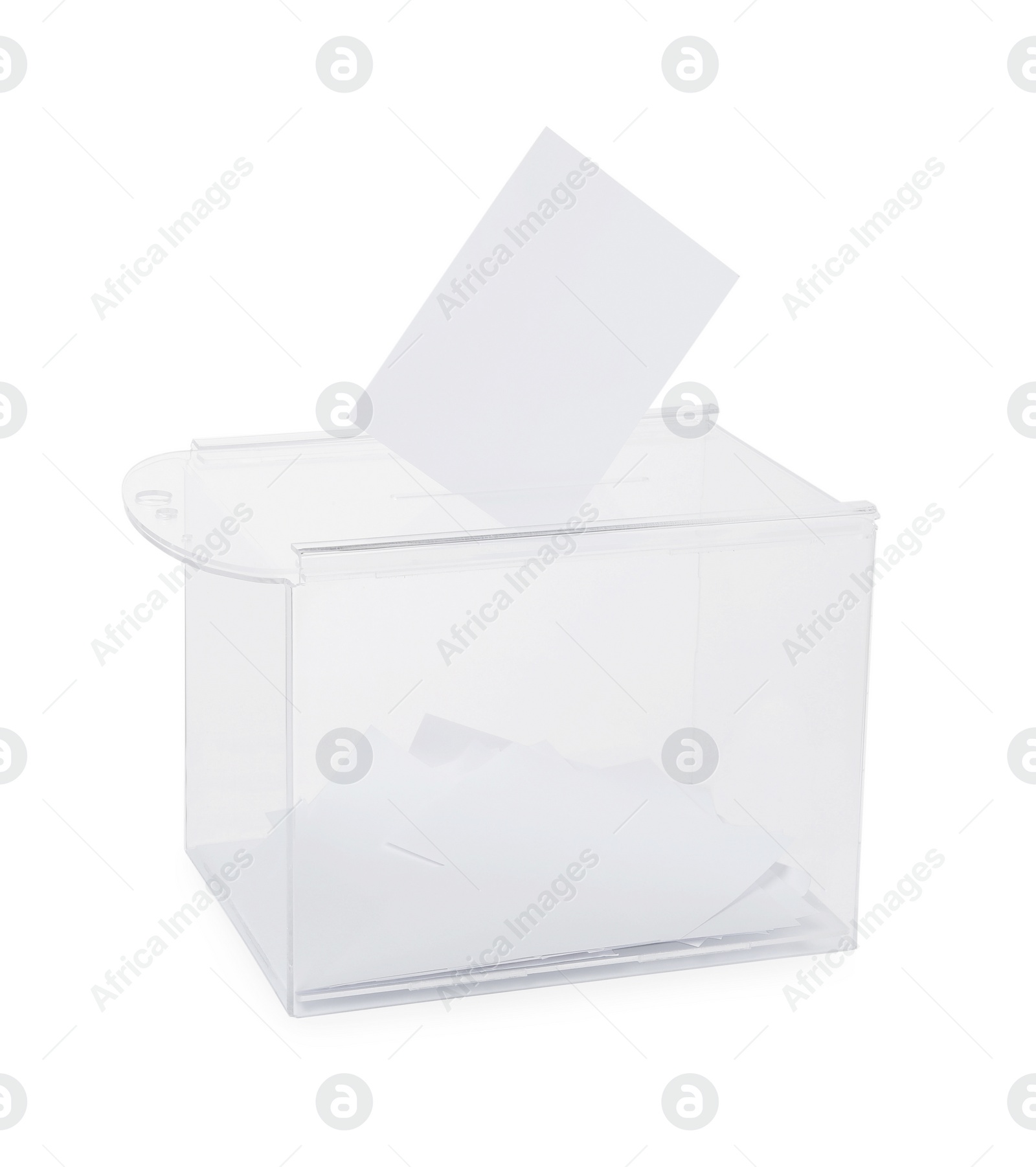 Photo of Transparent ballot box with vote isolated on white