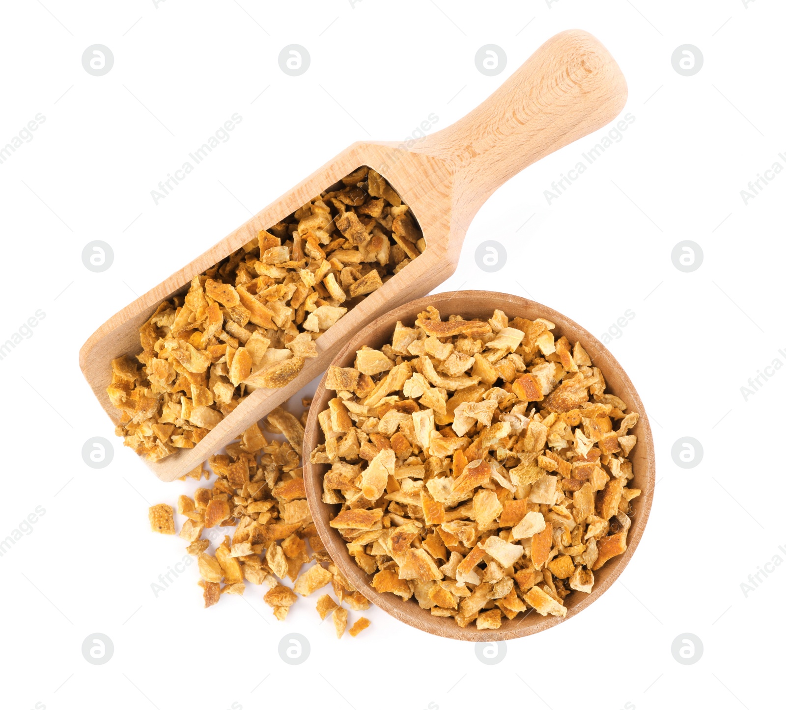 Photo of Bowl and scoop with dried orange zest seasoning isolated on white, top view