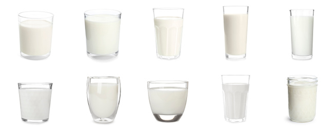 Image of Set with glasses of fresh milk on white background. Banner design