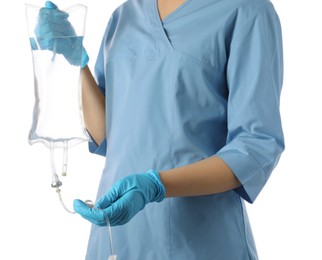 Nurse with IV infusion set on white background, closeup