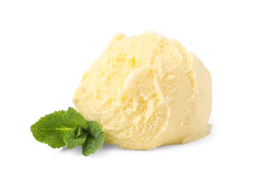 Photo of Scoop of delicious vanilla ice cream and mint isolated on white
