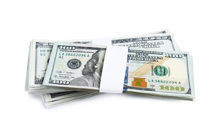 Photo of Dollar banknotes on white background. American national currency