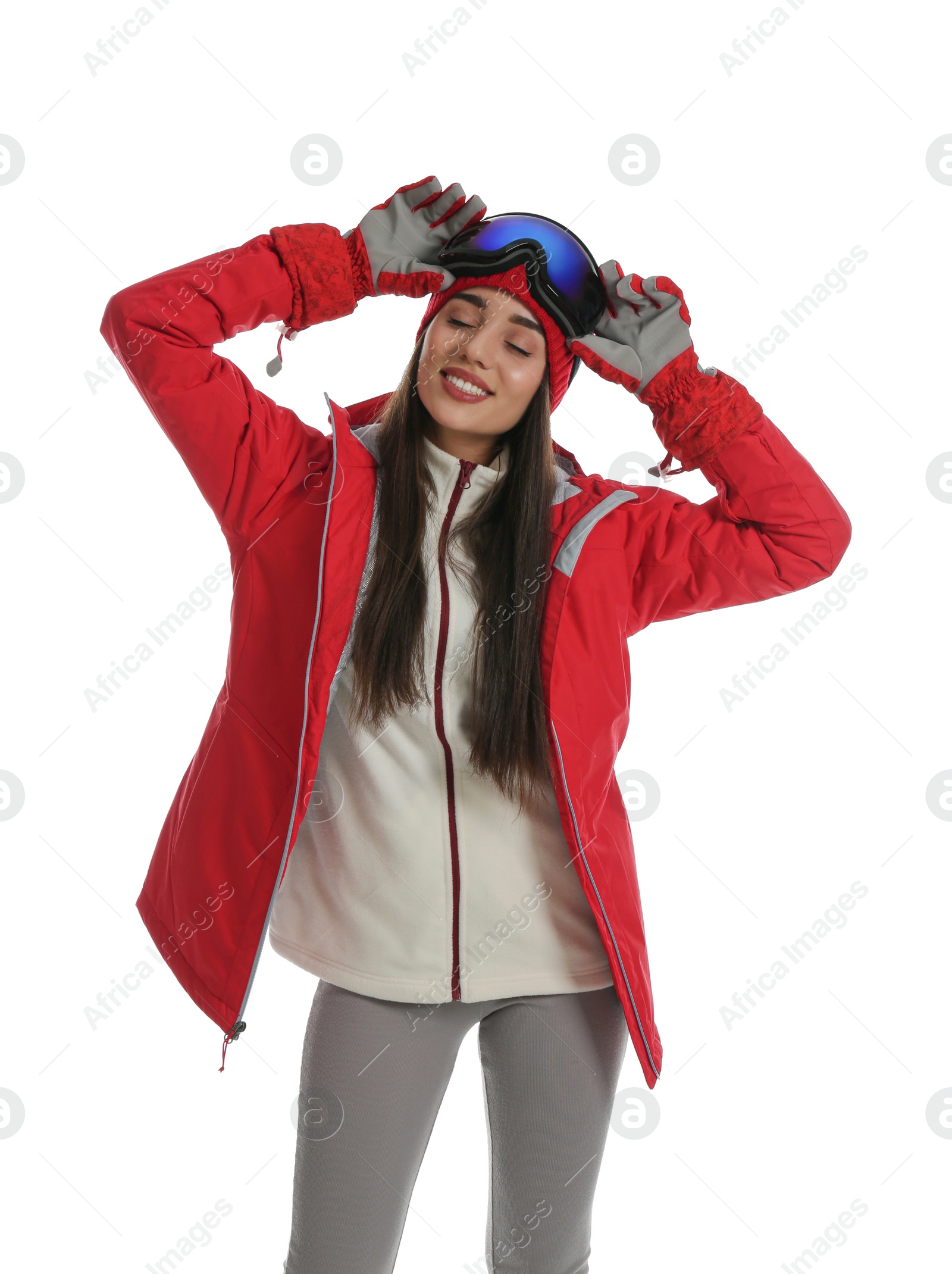 Photo of Woman wearing stylish winter sport clothes on white background