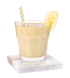 Photo of Glass of tasty banana smoothie with straw isolated on white