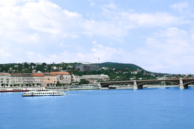 BUDAPEST, HUNGARY - JUNE 18, 2019: Beautiful cityscape with Margaret Bridge across Danube river