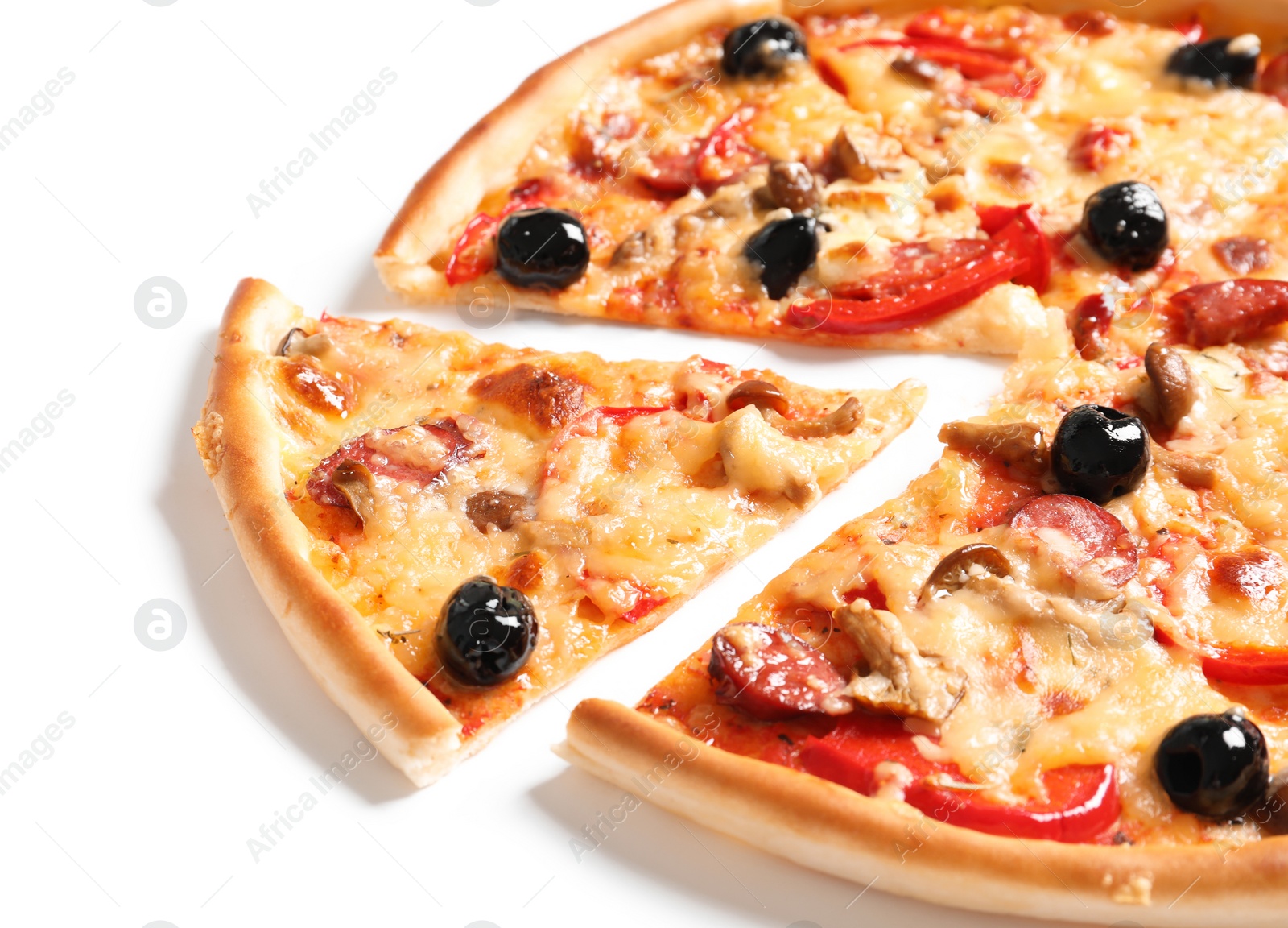 Photo of Delicious pizza with olives and sausages on white background