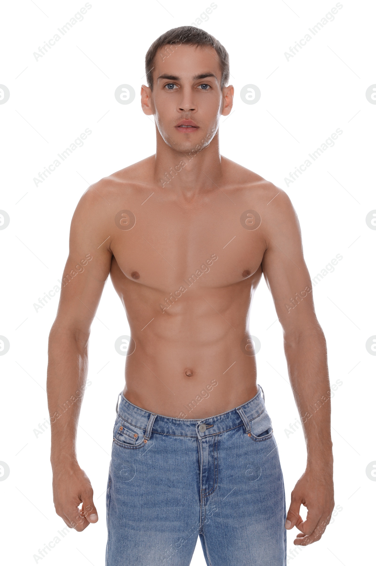 Photo of Handsome shirtless man with slim body isolated on white