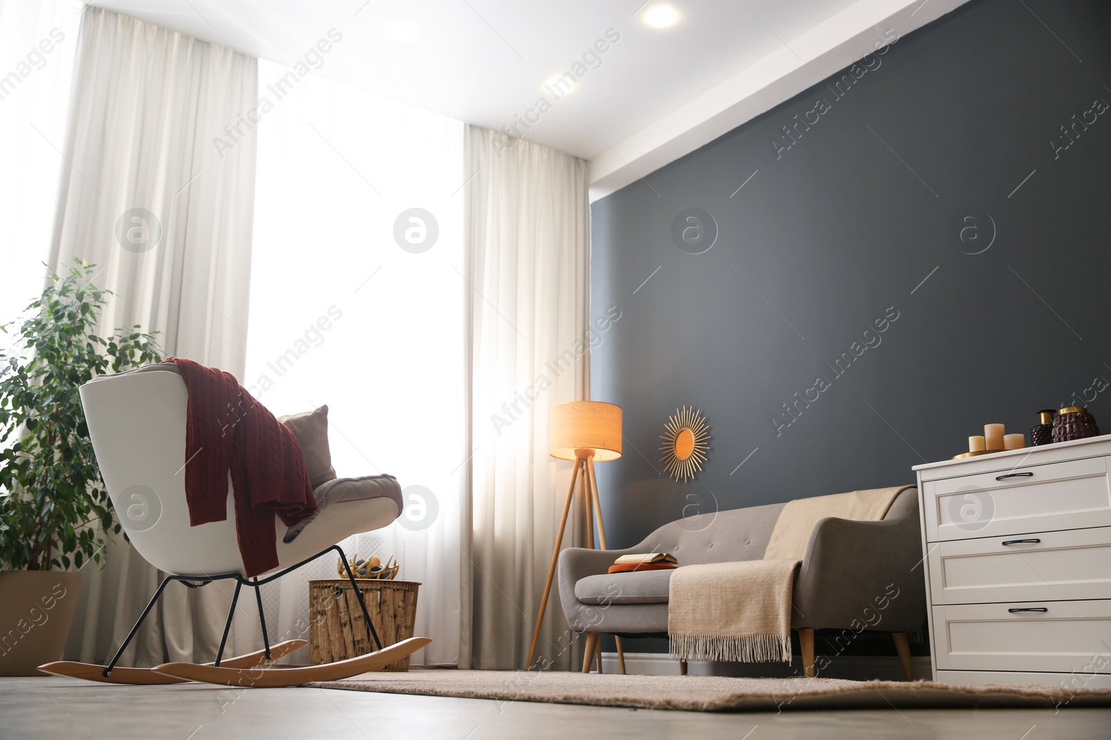 Photo of Cozy living room interior inspired by autumn colors, low angle view