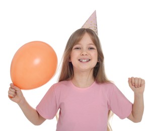 Photo of Happy little girl in party hat with balloon on white background