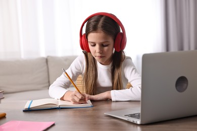 Photo of E-learning. Cute girl taking notes during online lesson at table indoors