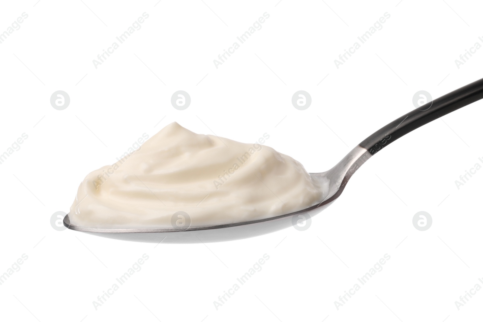 Photo of Delicious sour cream in spoon on white background