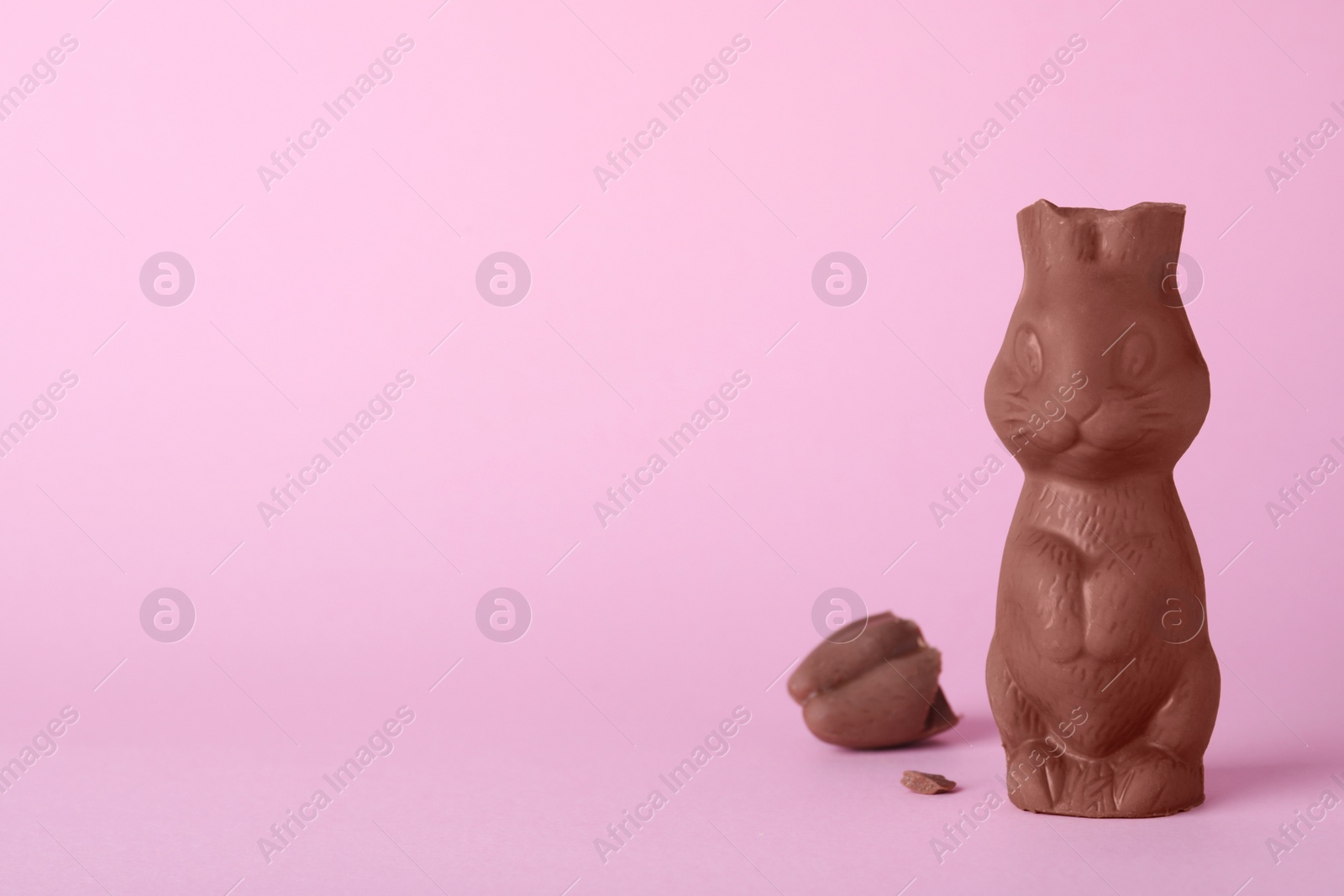 Photo of Broken chocolate Easter bunny on pink background. Space for text