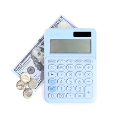 Photo of Calculator, dollar banknote and coins isolated on white, top view. Retirement concept
