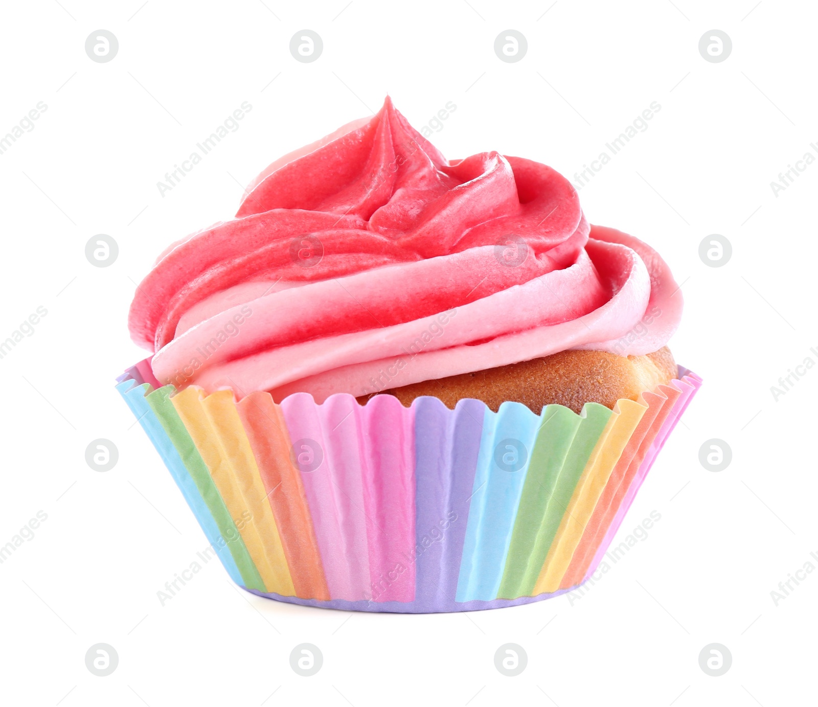 Photo of Delicious cupcake with pink cream isolated on white