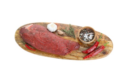 Photo of Piece of raw beef meat, products and spices isolated on white, top view