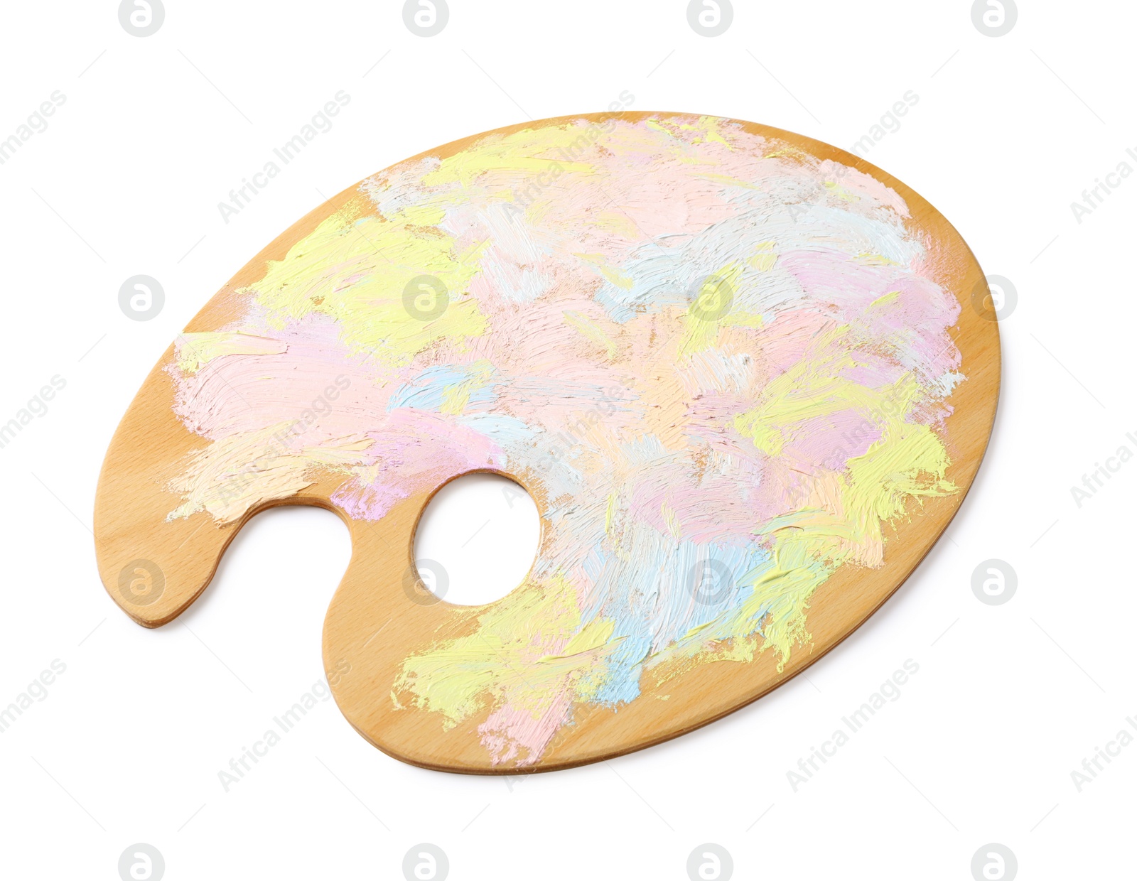 Photo of Wooden artist's palette with mixed pastel paints isolated on white, top view