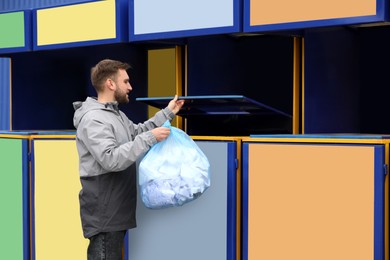 Photo of Man throwing garbage into bin at recycling point outdoors