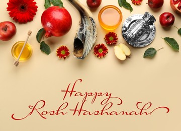 Image of Flat lay composition with Rosh Hashanah holiday attributes on beige background