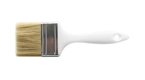 Photo of Paint brush with plastic handle on white background