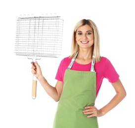 Photo of Woman in apron with grill grate for barbecue on white background