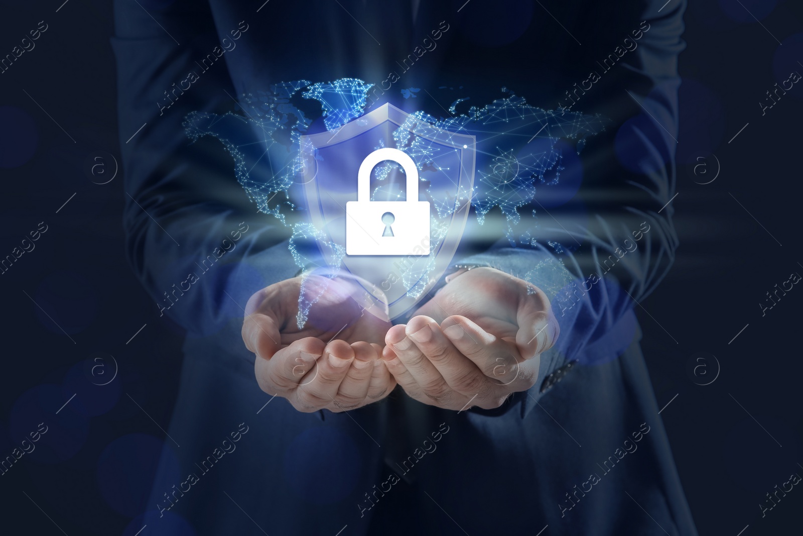 Image of Cyber security concept. Man demonstrating padlock illustration, closeup 