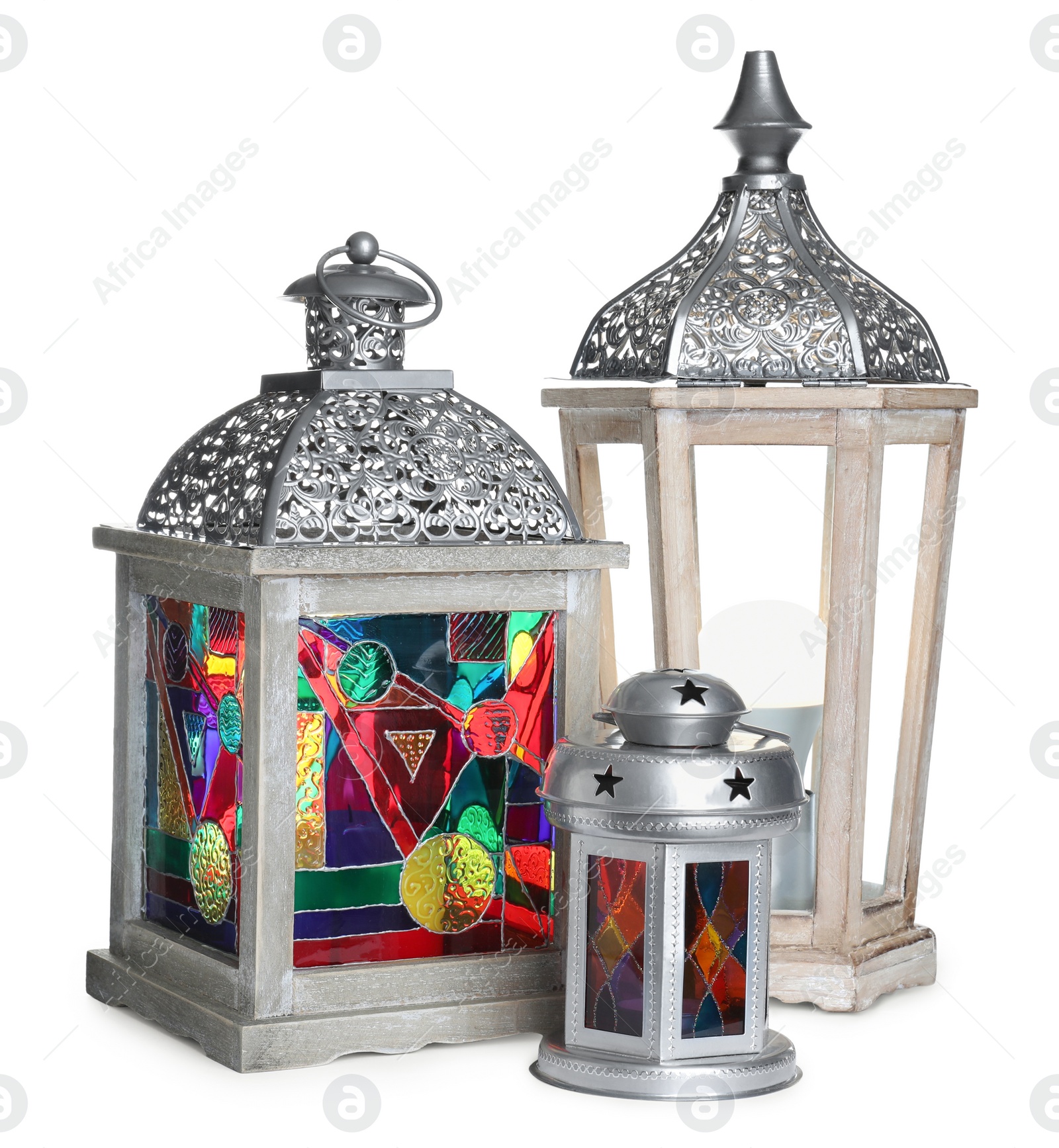 Photo of Different decorative Arabic lanterns on white background