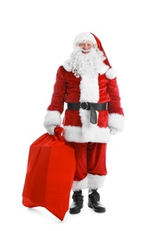 Photo of Authentic Santa Claus with red bag full of gifts on white background