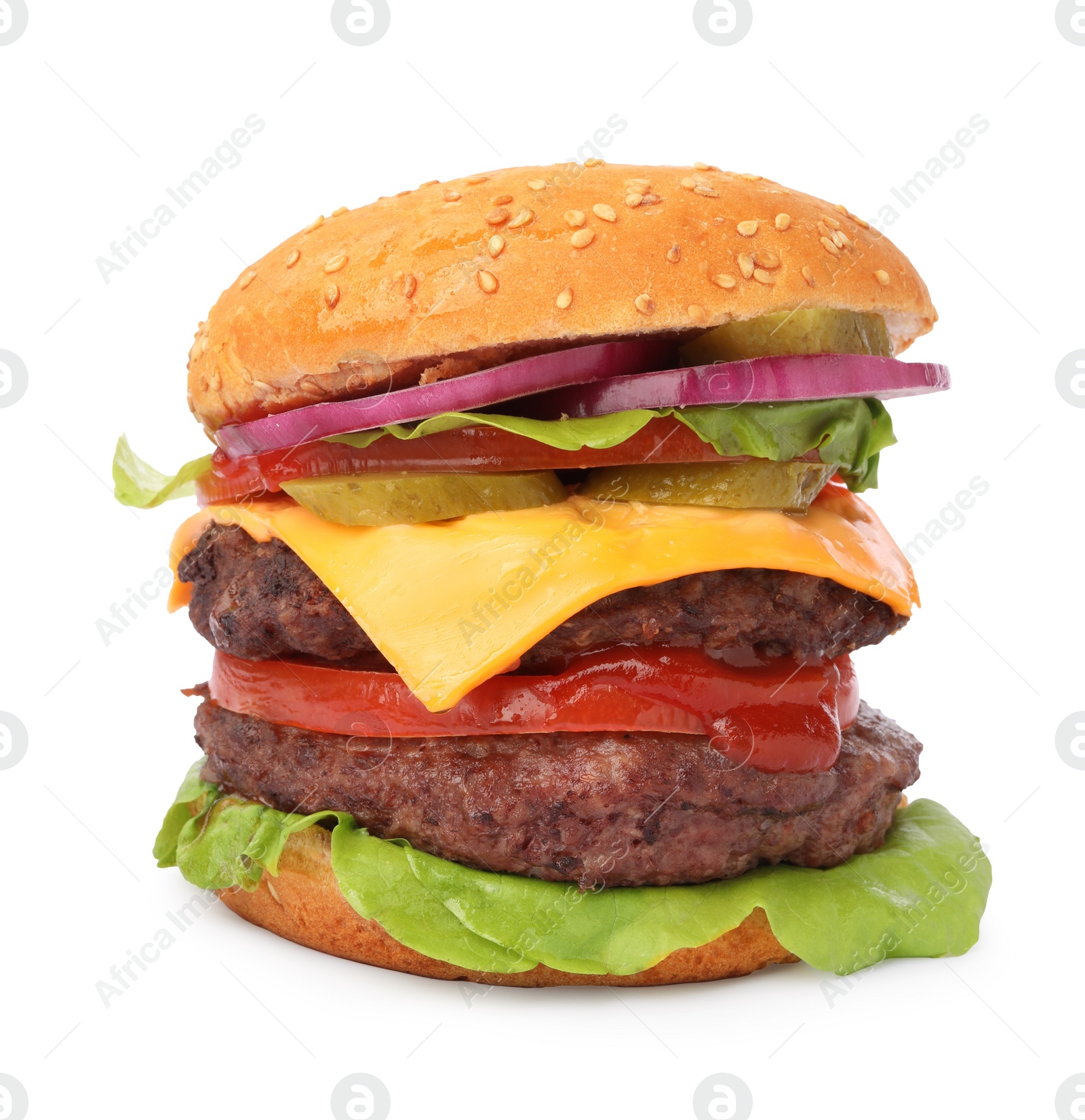 Photo of Tasty cheeseburger with patties and tomato isolated on white