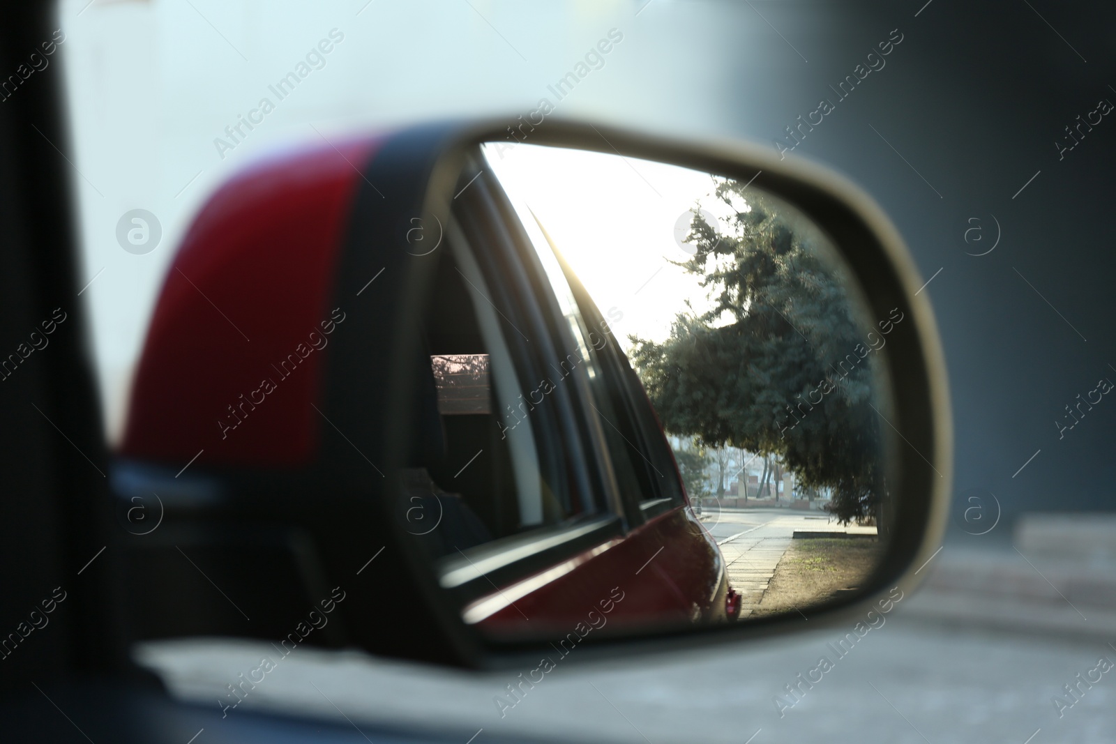 Photo of Side rear view mirror of modern car outdoors, closeup