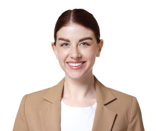 Photo of Portrait of smiling businesswoman on white background
