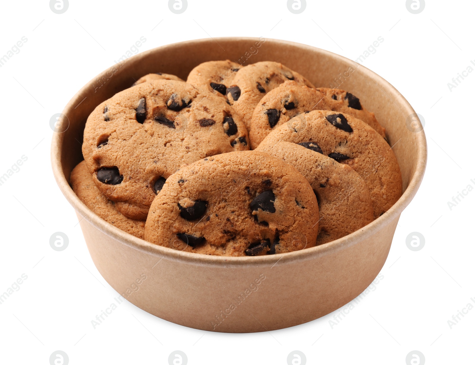 Photo of Delicious chocolate chip cookies in bowl isolated on white