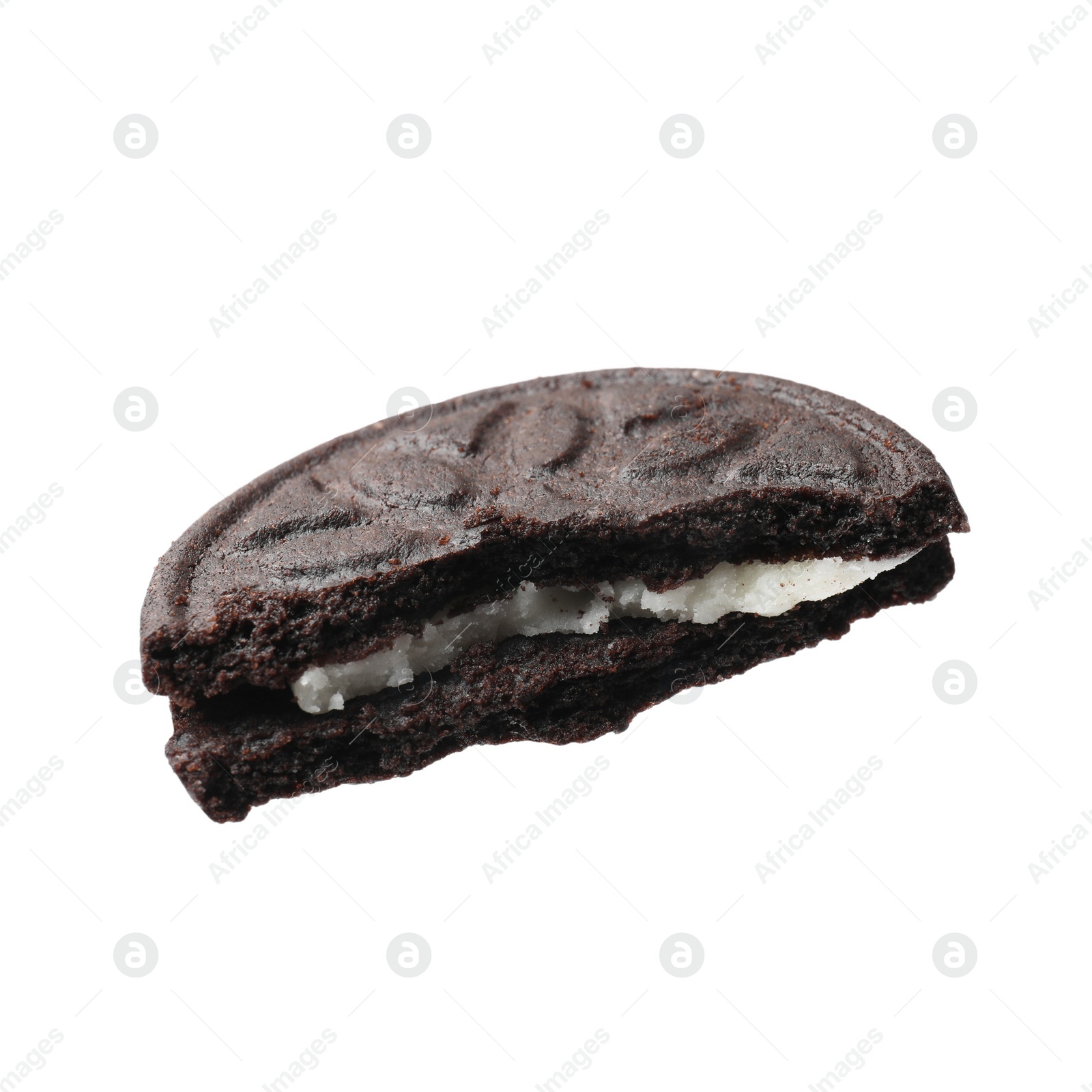 Photo of Piece of tasty sandwich cookie isolated on white