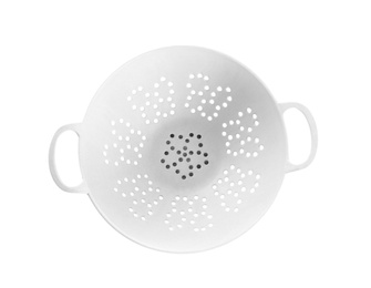Photo of New plastic colander isolated on white, top view. Cooking utensil