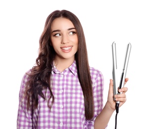 Photo of Happy woman with hair iron on white background