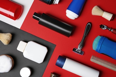 Photo of Flat lay composition with shaving accessories for men on color background