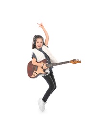Photo of Emotional little girl with guitar, isolated on white