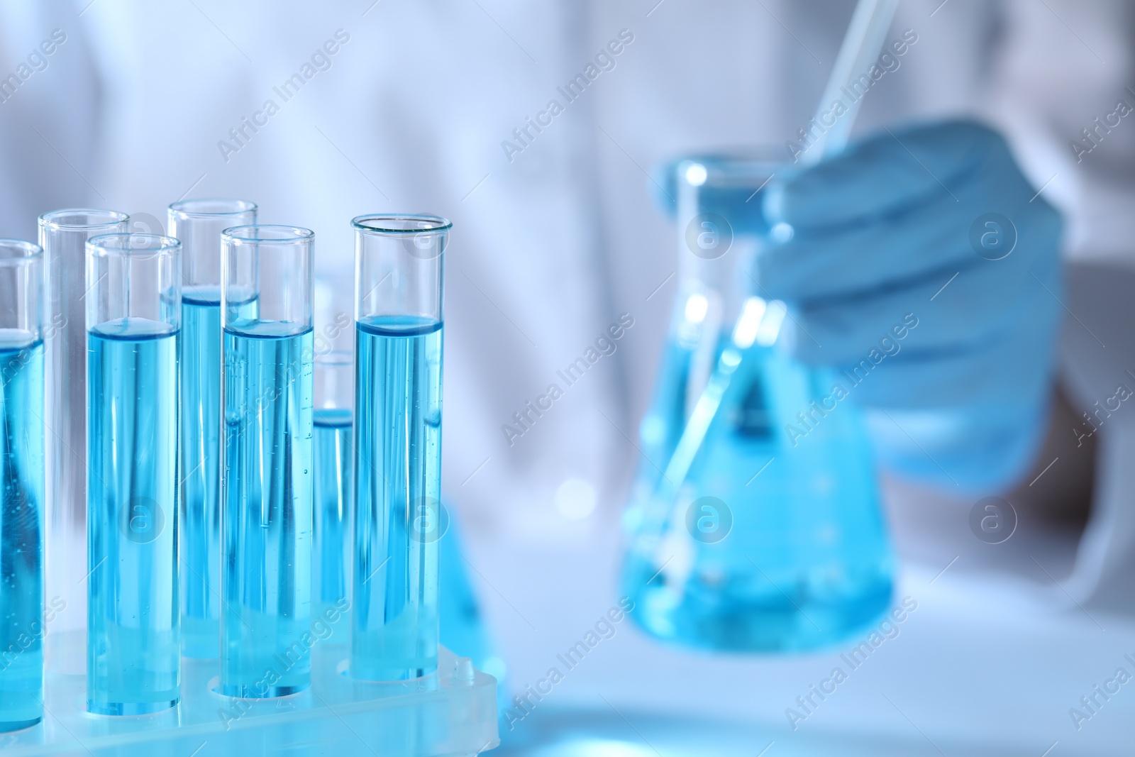 Photo of Scientist holding flask near test tubes with light blue liquid, selective focus