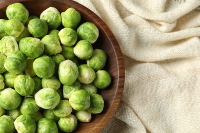 Photo of Bowl of fresh Brussels sprouts on fabric, top view with space for text