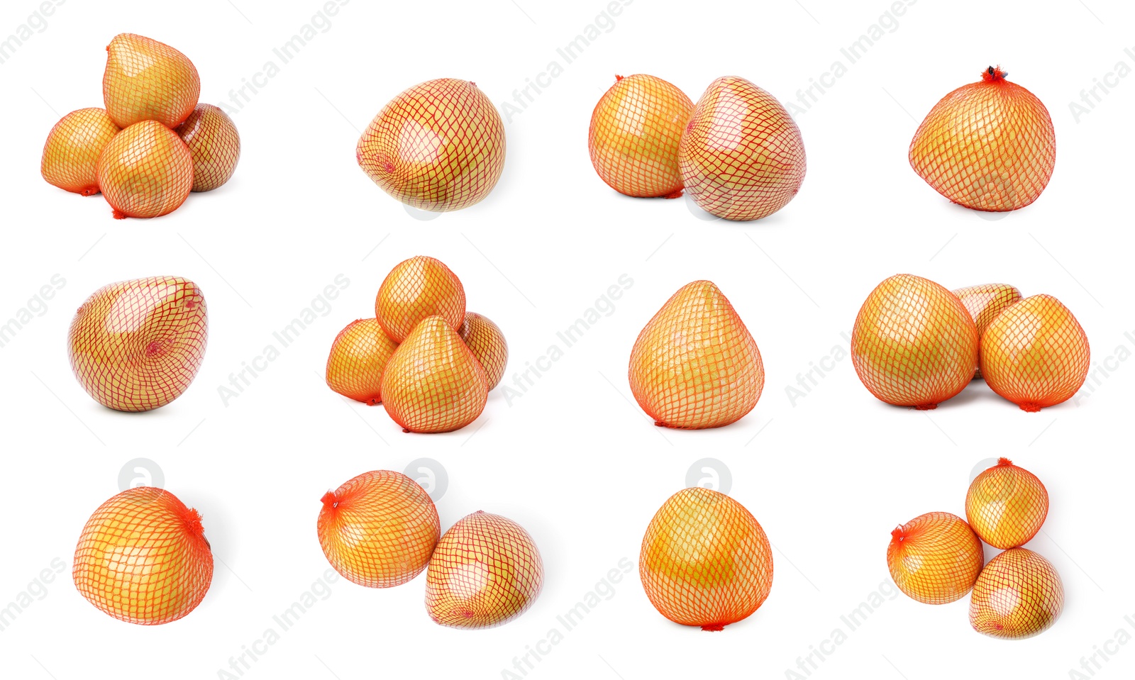 Image of Collage with fresh pomelo fruits on white background