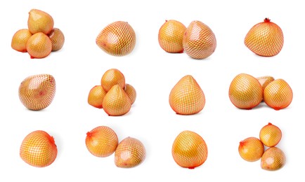 Image of Collage with fresh pomelo fruits on white background