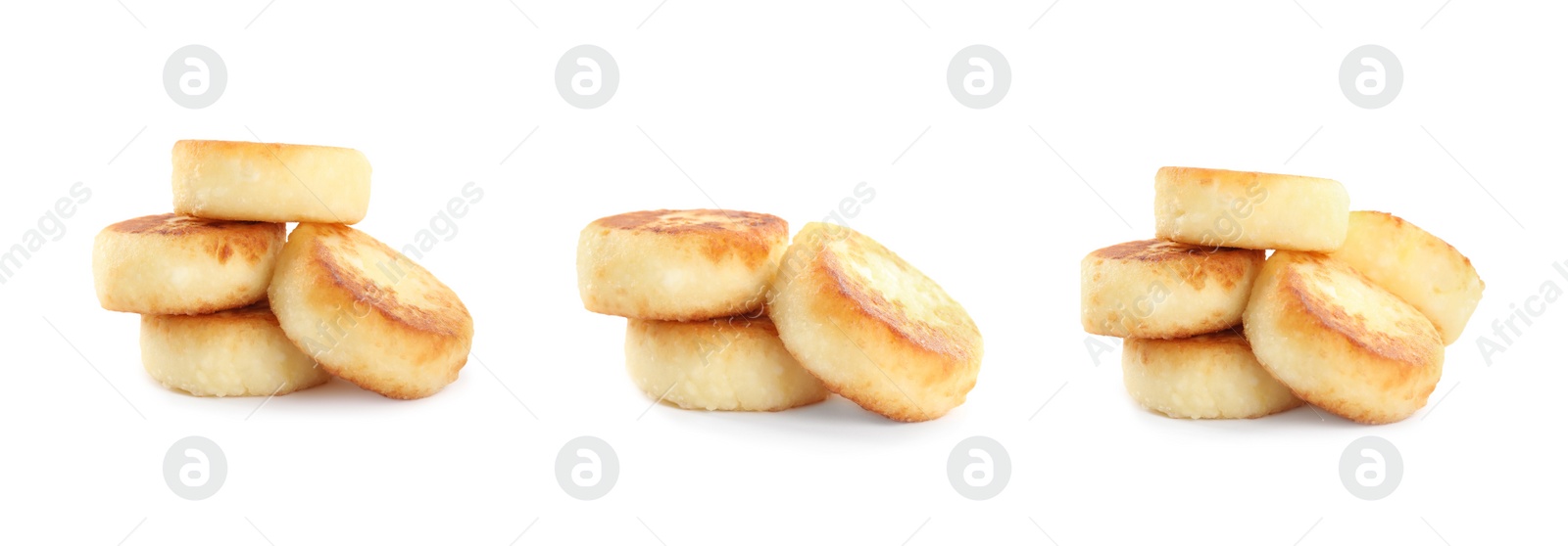 Image of Set with delicious cottage cheese pancakes on white background. Banner design