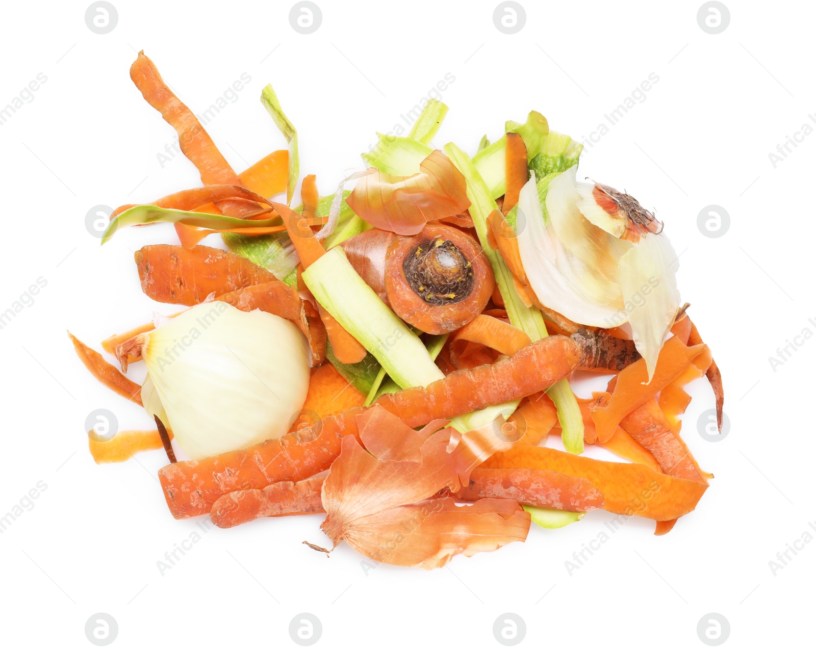 Photo of Peels of fresh vegetables isolated on white, above view