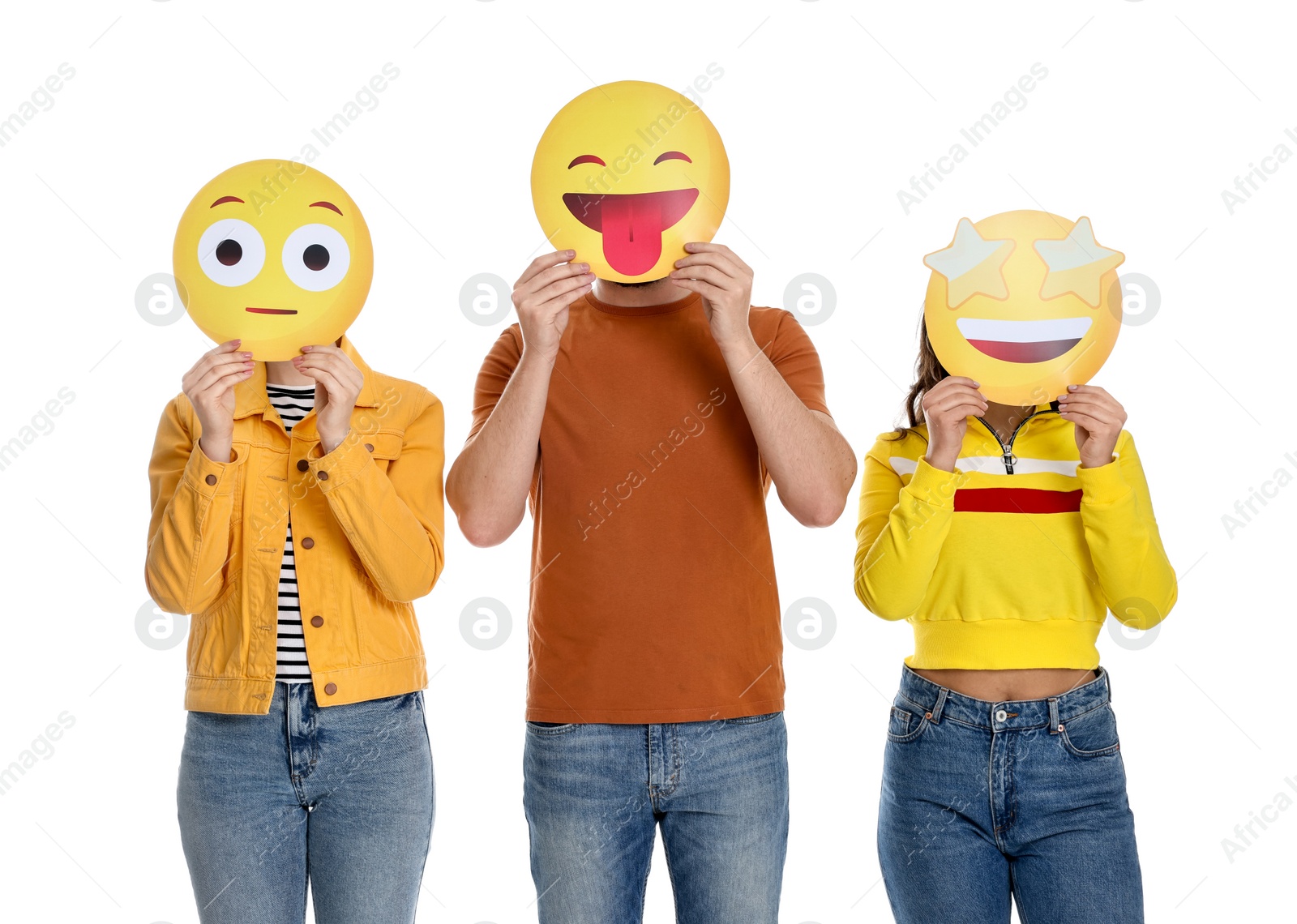 Photo of People covering faces with emoticons on white background