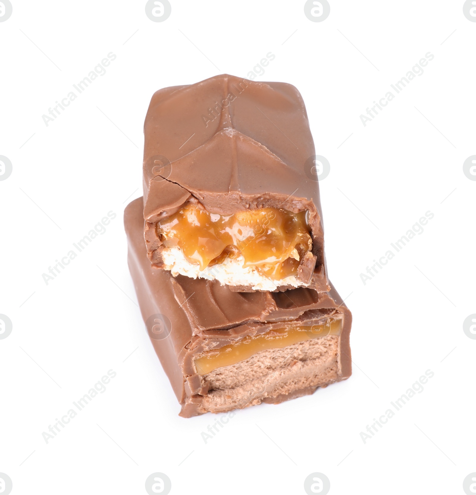 Photo of Pieces of tasty chocolate bars with nougat on white background