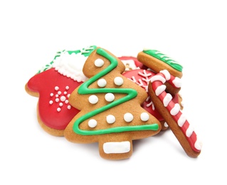 Photo of Tasty homemade Christmas cookies on white background